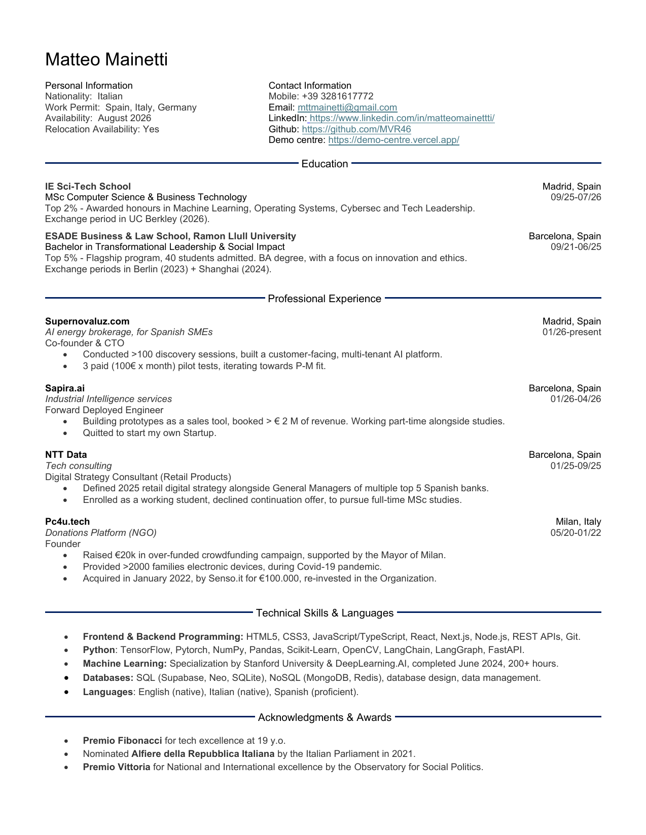 Matteo Mainetti CV preview